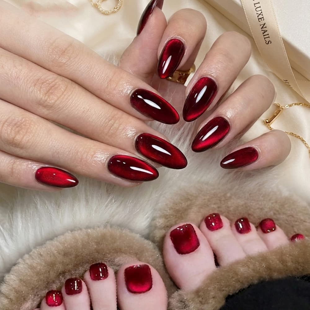 Cross-border Hot-selling Minimalist Solid Color Cat Eye Wearable Nails Hand and Foot Dual-use Wine Red Purple Blue Manicure Tips Nail Stickers