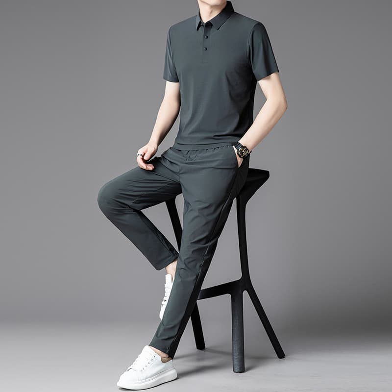 Men's Short Sleeve T-Shirt and Long Pants Two-Piece Set Summer Ice Silk Seamless Cool Feel Polo Shirt Casual Suit Men