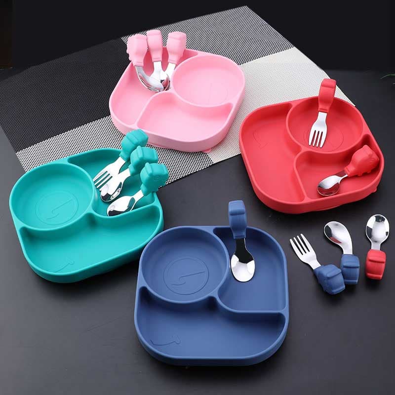 Piglet Kids Silicone Fork and Spoon Set, Baby Silicone Plate, Non-Slip Suction Bowl, Feeding Training Fork and Spoon Set