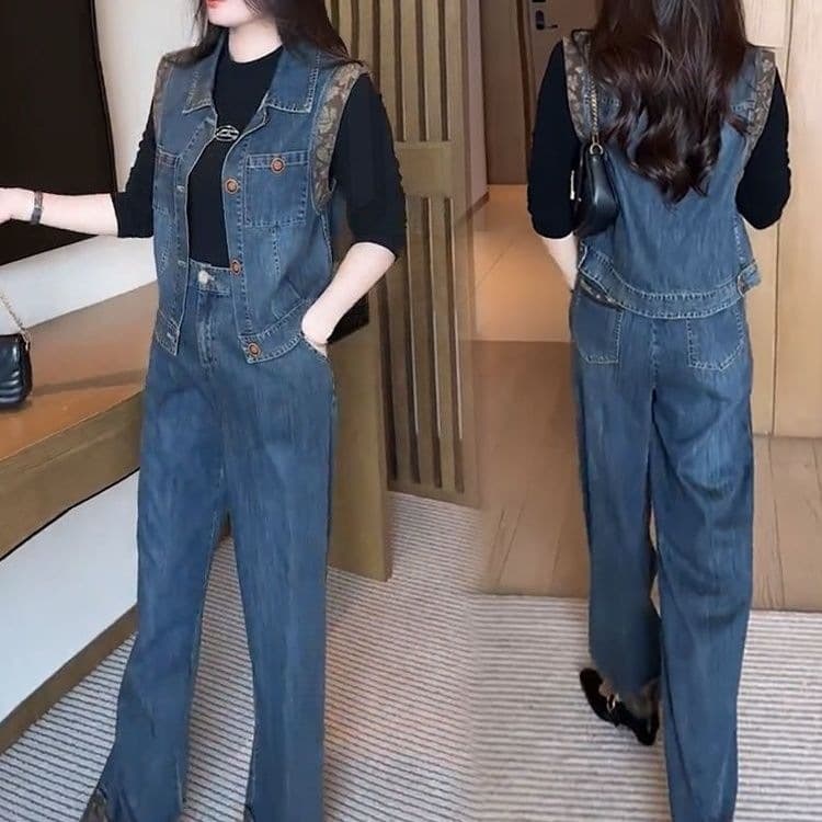 Women's Fashion Casual Denim Set, New Autumn Style, Slim-Fit Vest and Wide-Leg Pants, Versatile Two-Piece Outfit for Petite Figures