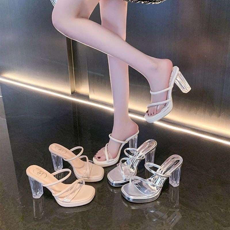 Transparent High Heels for Women New Summer Waterproof Platform Thick Sole Crystal Chunky Heel Elegant Strap Sandals Outdoor Wear