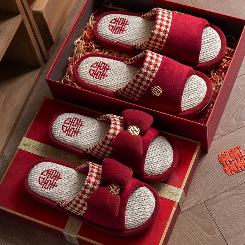 Red Slippers Wedding Pair Linen Breathable Non-Slip Home Bride Wedding Women's Happy Event Dowry Couple Slippers