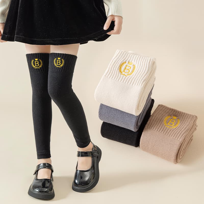 Girls' autumn and winter thickened embroidered socks children's terry knee pads baby over-the-knee long stockings leggings to keep warm