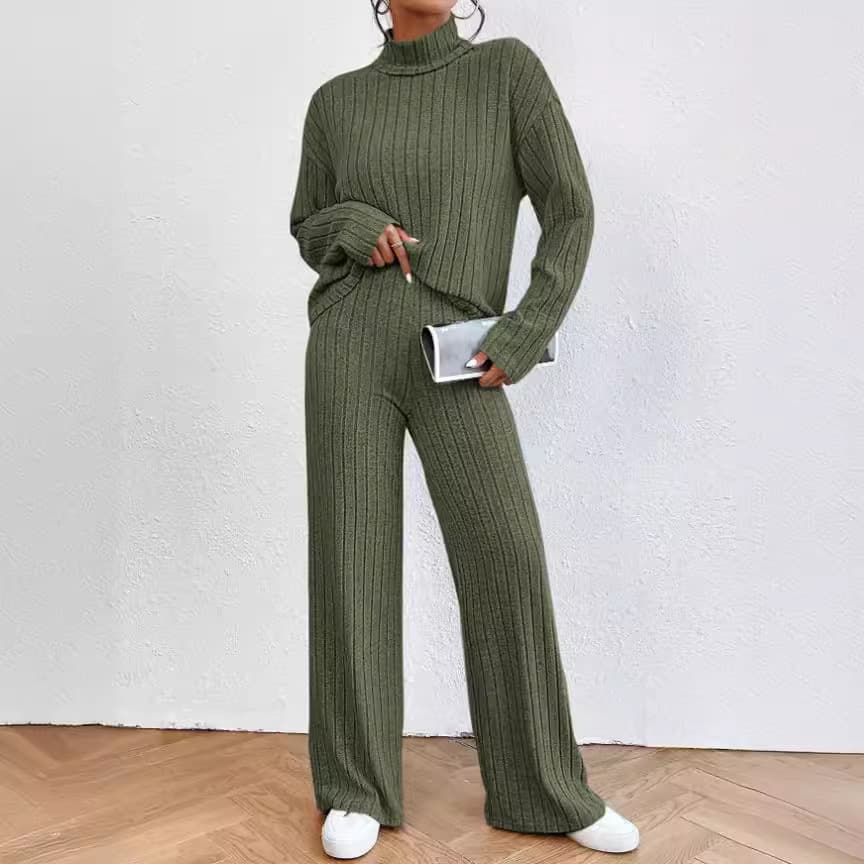 Cross-border Europe and America 2025 Fall/Winter Casual High-Neck Knitted Long-Sleeve Set Women's Export Sweatshirt Loose Pants Two-Piece Set