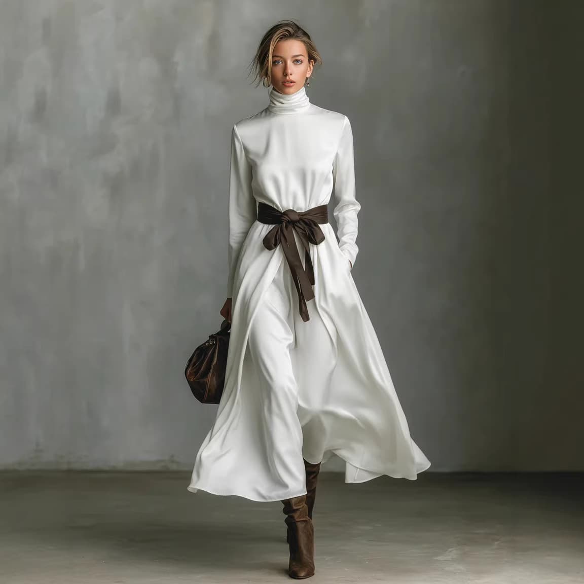2025 Cross-Border European and American Clothing Amazon Women’s Fashionable Turtleneck Long Sleeve Midi Dress with Contrast Color Belt