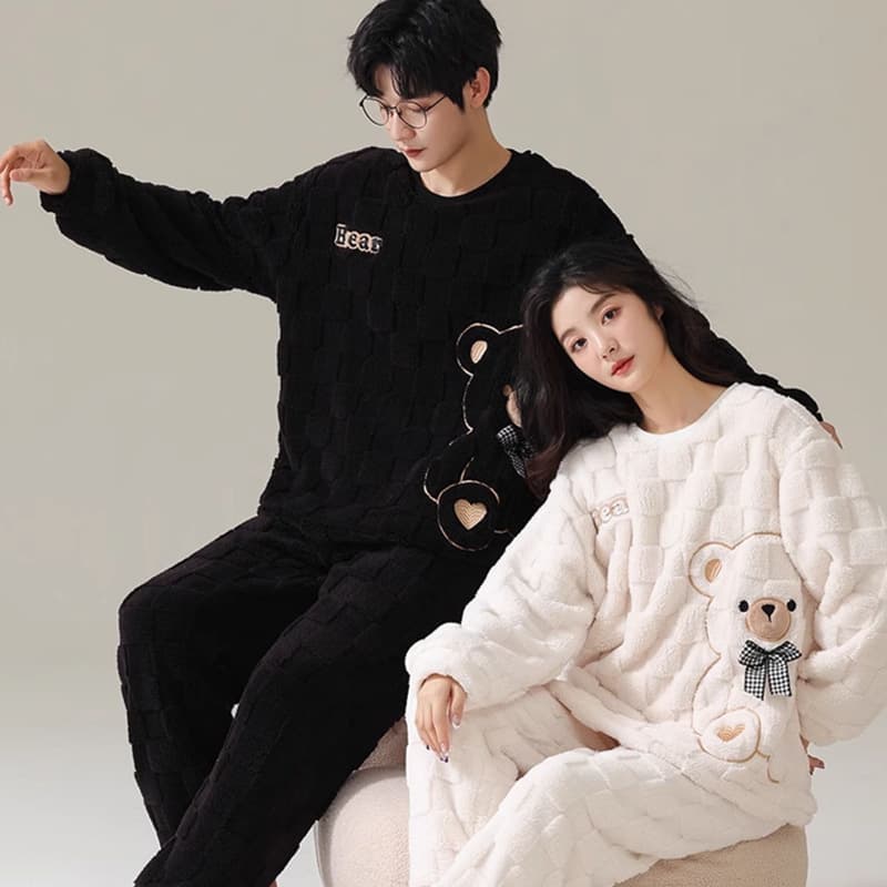 Couple Pajamas for Women Autumn Winter Flannel Cute Cartoon Round Neck Pullover Teen Men's Homewear Coral Fleece