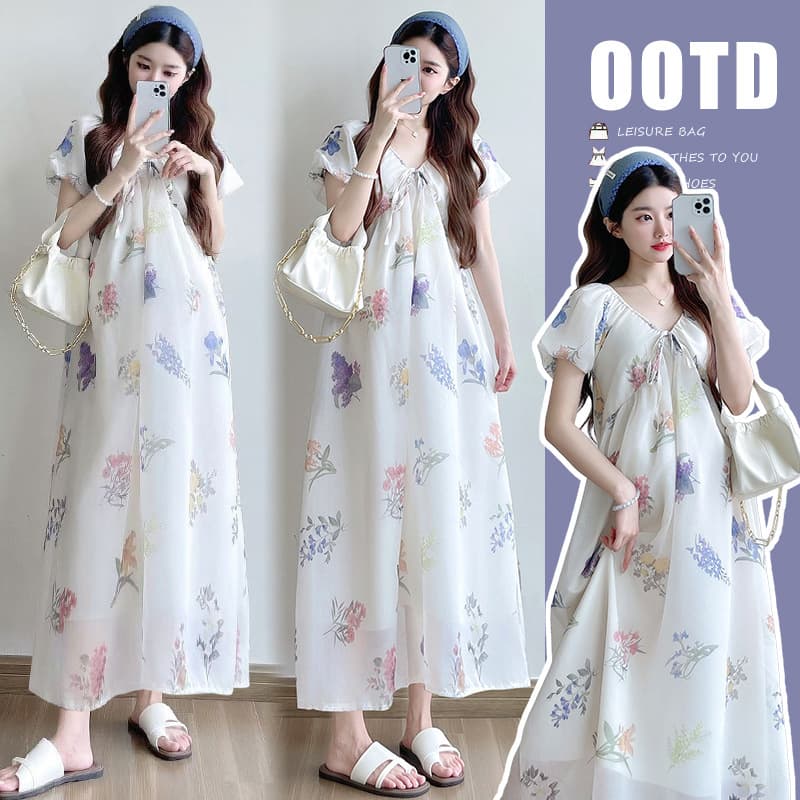 2025 Summer Maternity Dress Romantic Casual V-Neck Tie Waist Long Loose Maternity Dress