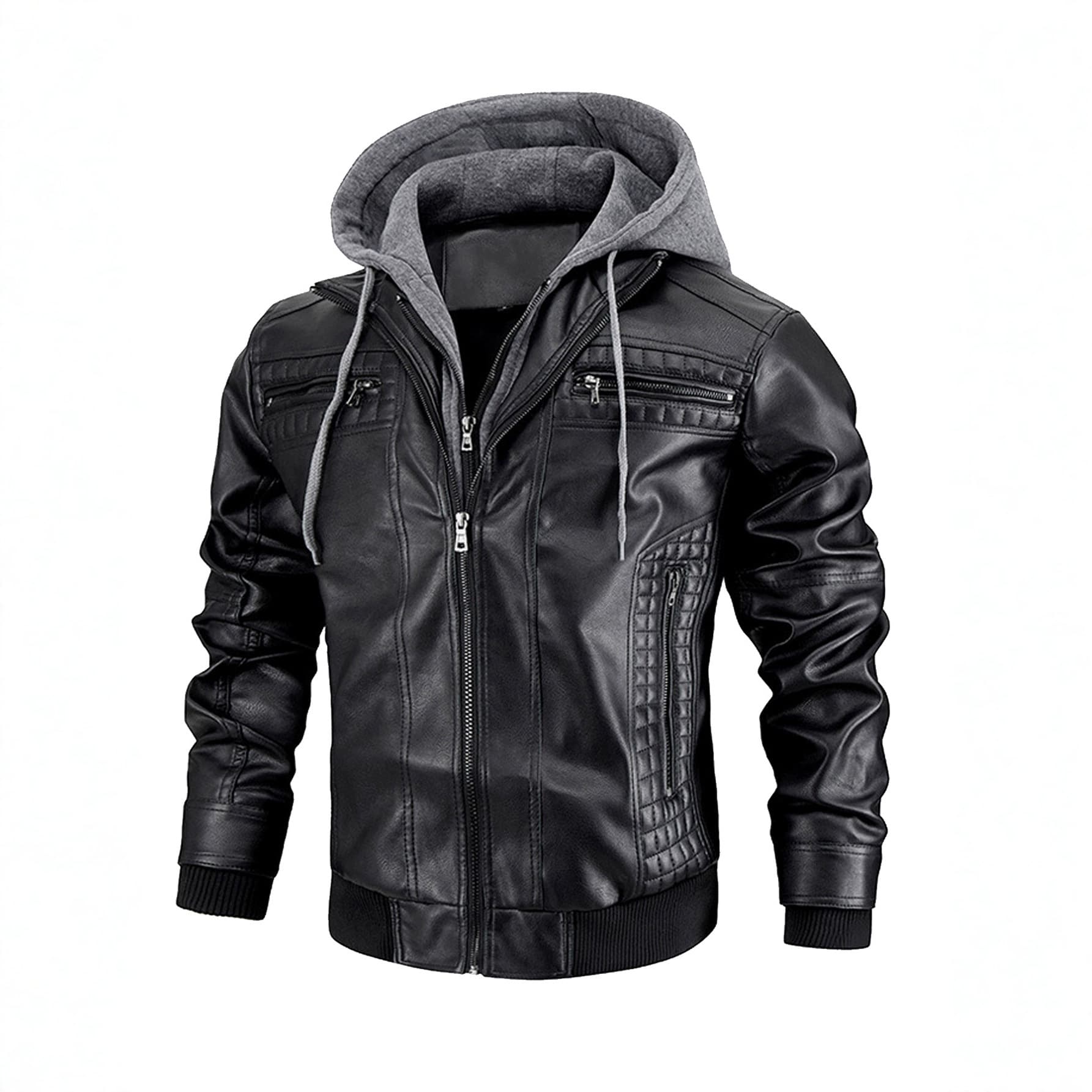 Cross-border Men's Jackets Coats Black Hooded Jacket with Zippered Pockets Retro Motorcycle Style