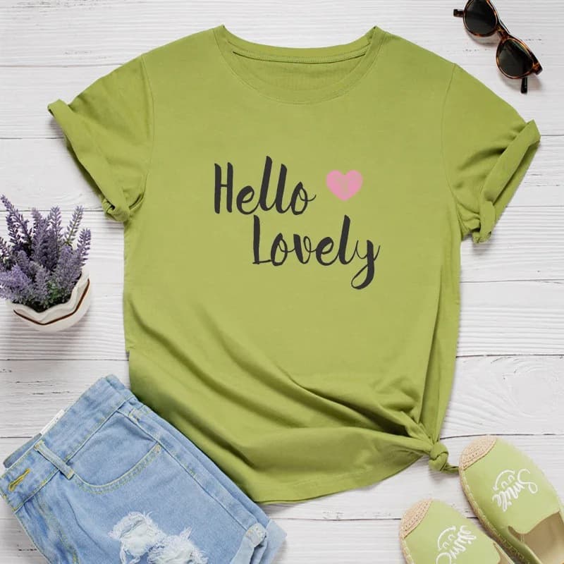 Hello, Cute Heart Print Women's T-Shirt Short Sleeve O-Neck Loose Women's T-Shirt Ladies T-Shirt Top Clothing