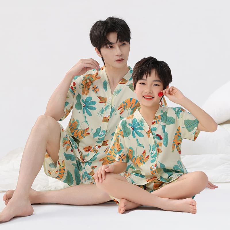 Short Sleeve Shorts Homewear Set Summer Cotton Silk Sleepwear for Family of Three or Four Parent-Child Air Conditioning Outfit