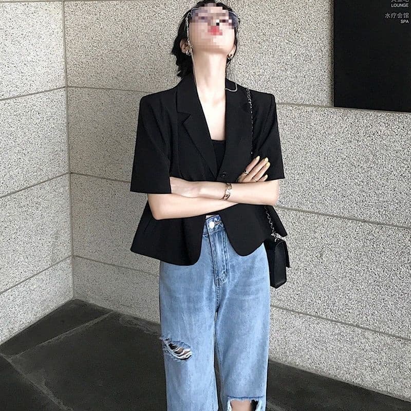 Summer black thin short-sleeved small suit short jacket for women with small design niche slimming suit tops