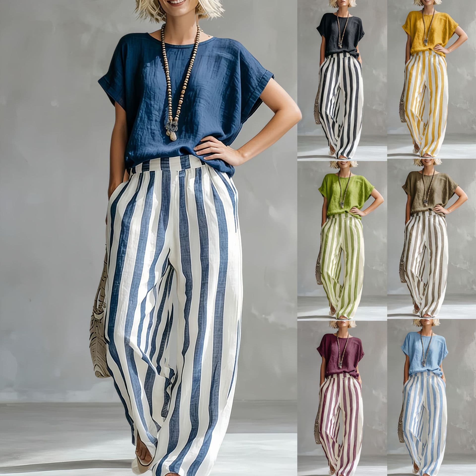 2026 Amazon cross-border independent station foreign trade European and American round neck top straight striped casual trousers women's suit