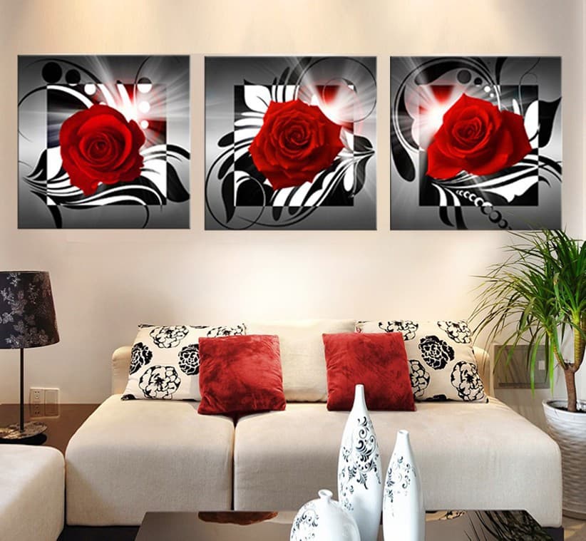 Modern Decorative Oil Painting, High-Definition Triptych Red Rose Wish, AliExpress Cross-Border Source