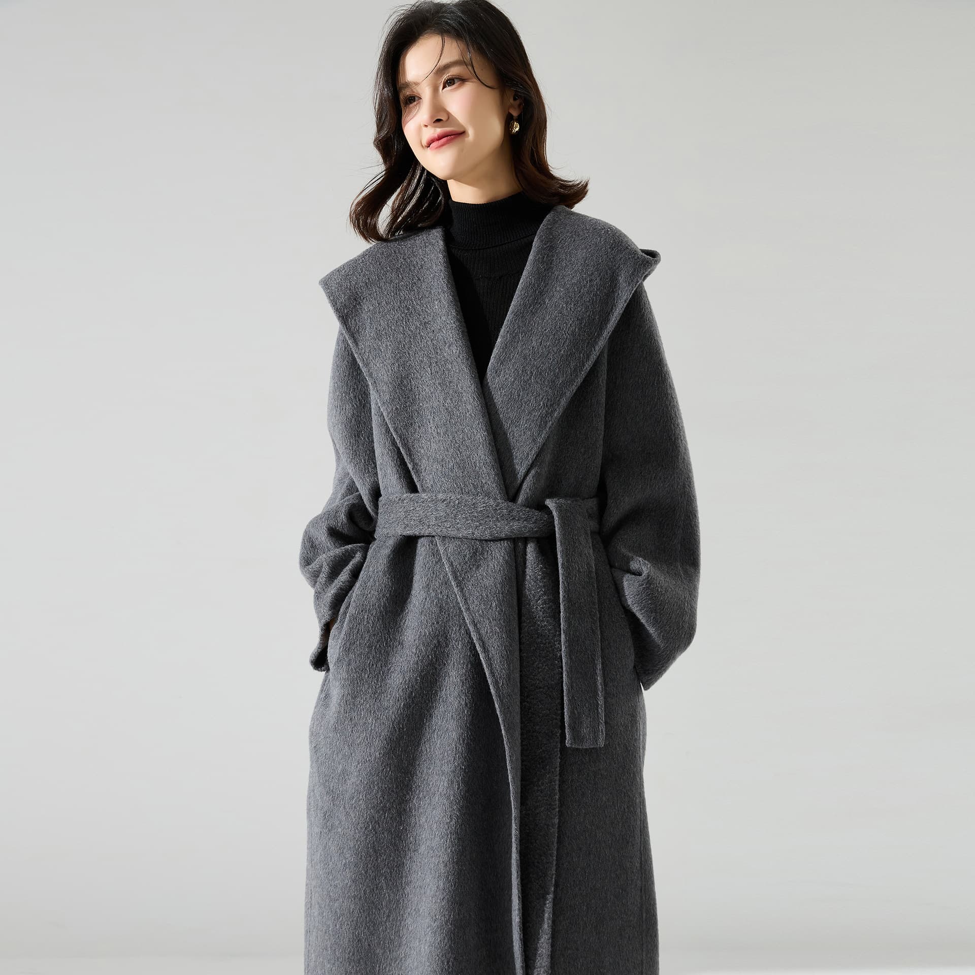 25 Winter New Collection Silk Cashmere Wool Coat Long High-End Hooded Bathrobe Double-Sided Woolen Coat 15485