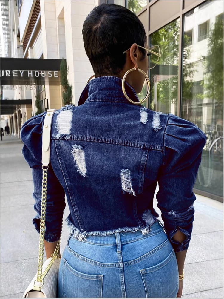 Custom short distressed denim jacket for women with puff sleeves, customizable with your design and sample for eBay, Amazon, Wish