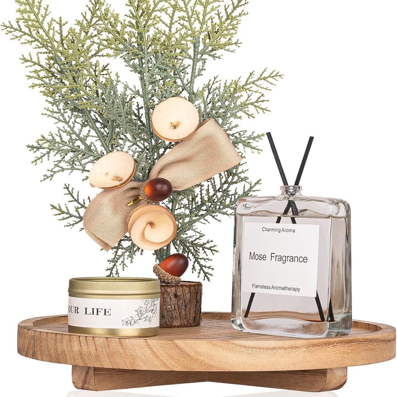 Minimalist style circular wooden tray, round scented candle holder, storage turntable, decorative tray for home use.