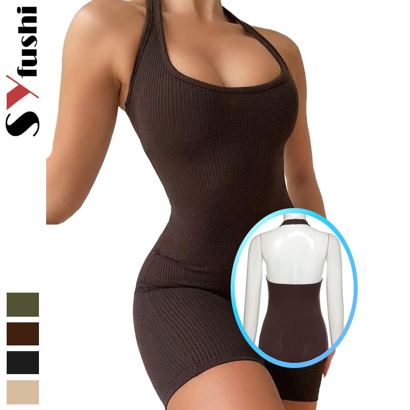 European and American Cross-Border Fashion Summer Women's Solid Color Hollow-Out Halter Backless Jumpsuit High-Waisted Tight Shorts