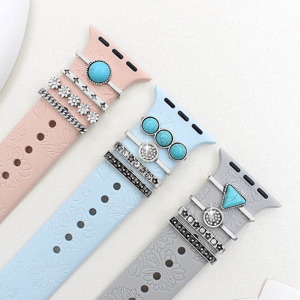 Suitable for Apple Watch band decorative rings, universal silicone watch bands with turquoise decoration.