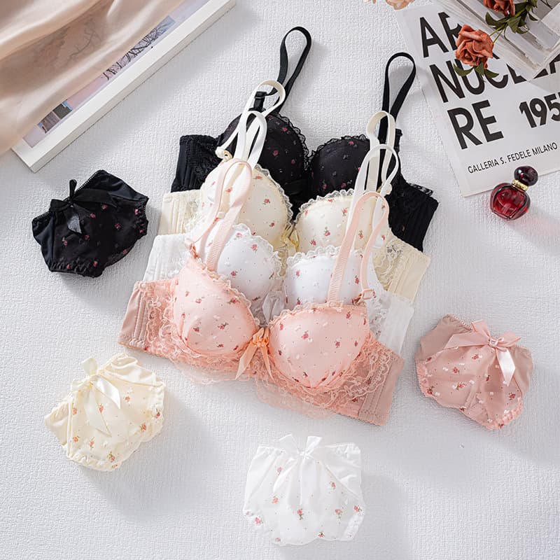 Printed Backless Bra Set for Teens with Soft Support Wire, Lace Trim Push-Up Comfort Bra Set