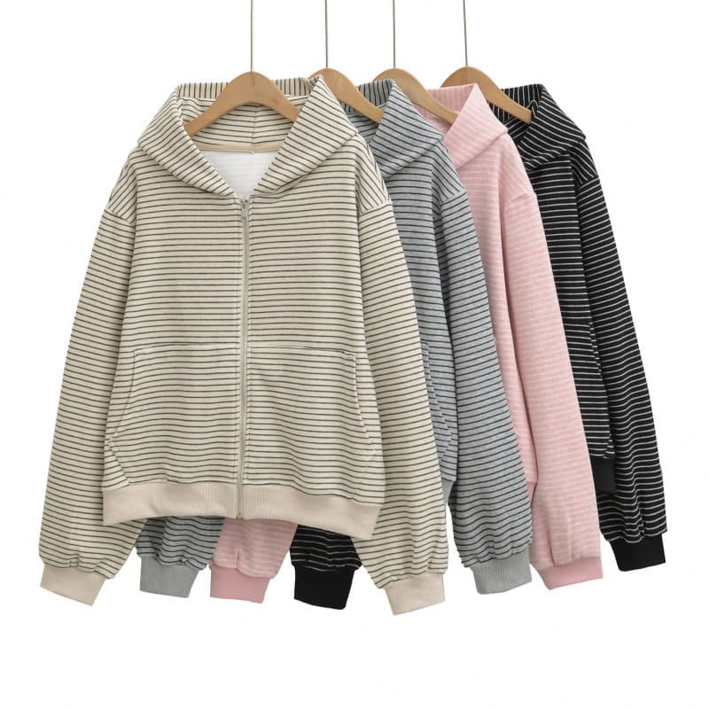 American retro Korean-style hooded sweatshirt jacket for women, autumn lazy-style loose stripe color-block cardigan, versatile top.