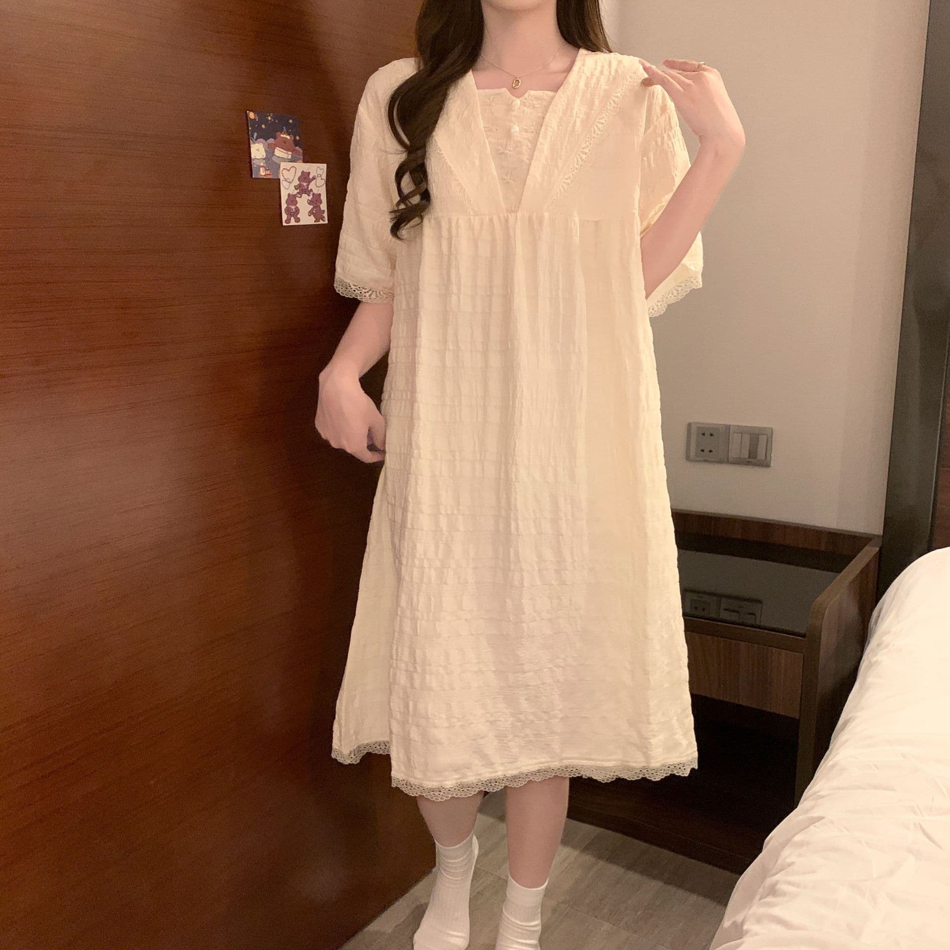 Short Sleeve Nightgown Summer Princess Dress with Built-in Padded Bra, Loose Fit, Mid-Length, Cloud Cotton Loungewear