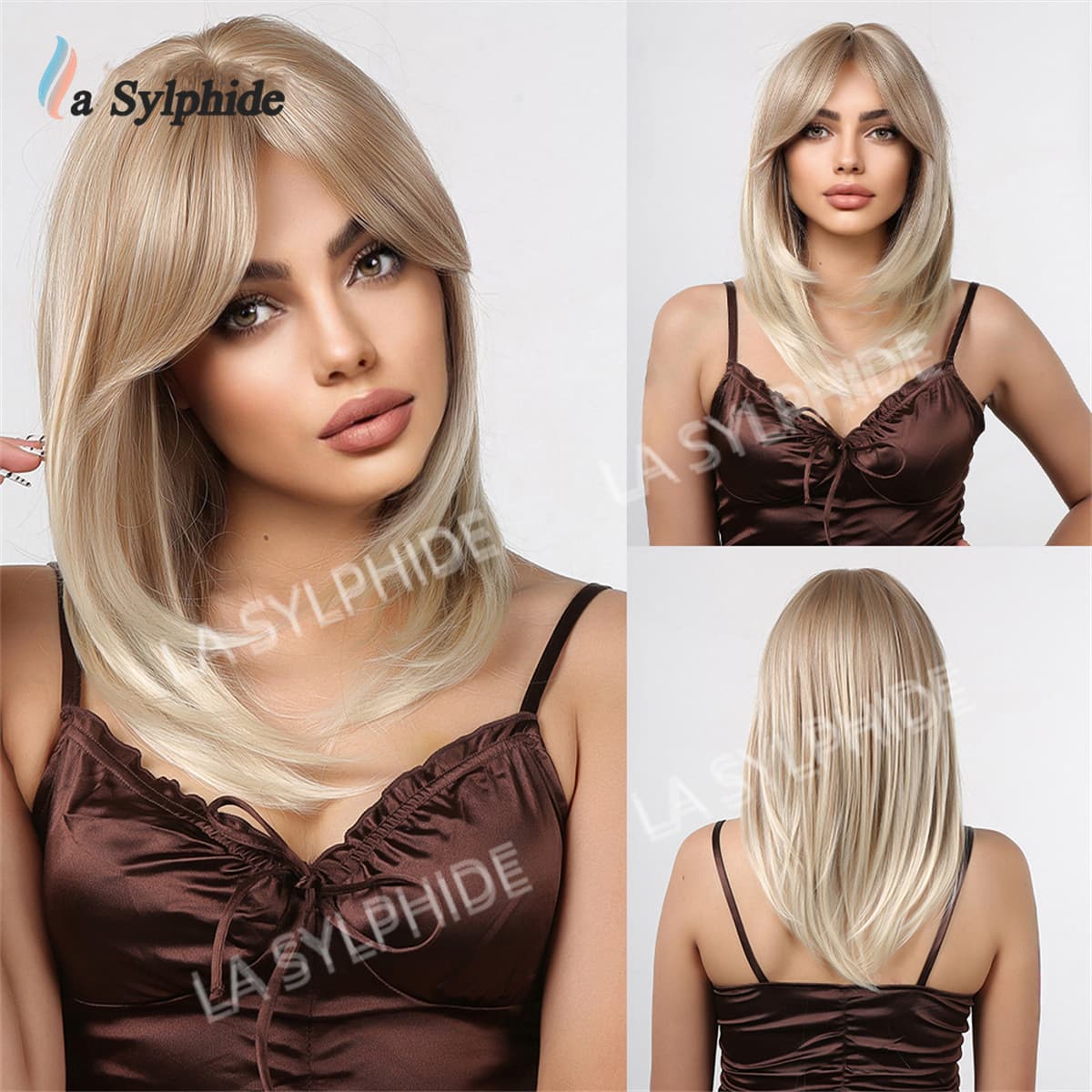 wigs with European and American cross-border style, featuring a center parted fringe, medium-length straight hair, made of synthetic fibers, with a full head of gold hair.