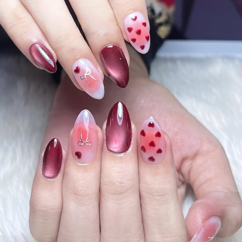 Wine Red Cat Eye Gradient Heart Silver Bow Press-On Nails Almond Shape Pure Desire Detachable False Nails Finished