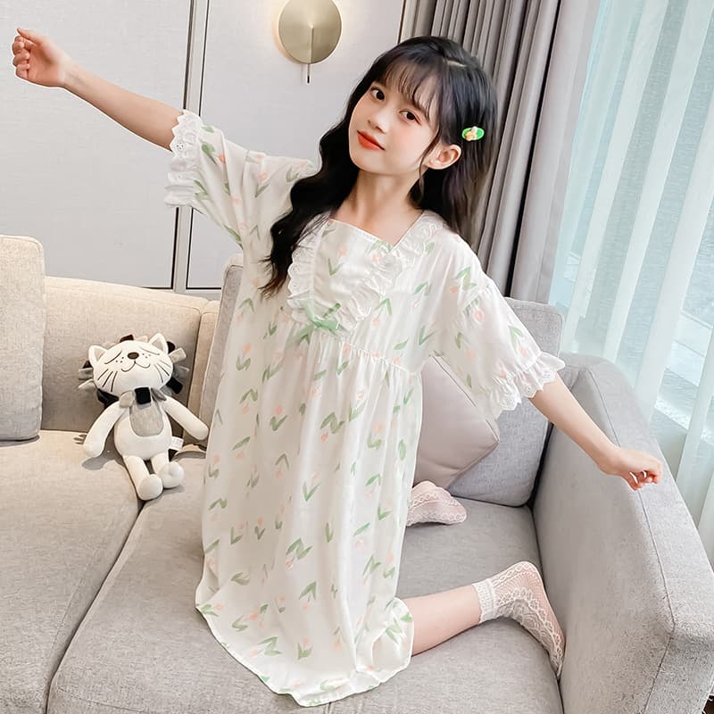 Summer New Style Girls' Tulip Print Nightgown, Cute and Sweet 2025 Summer New Style Girls' Nightgown Dress
