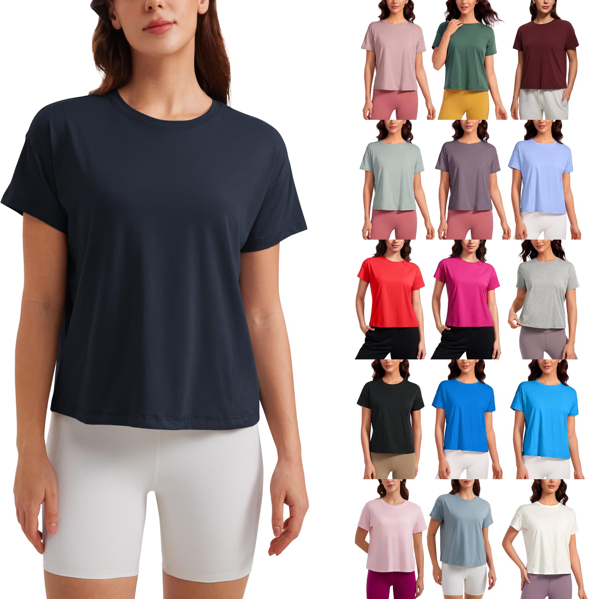 Cross-border Trade Cotton Short-Sleeve Sports Top Women's Loose Amazon Bestseller Basic Summer T-Shirt Sports Fitness