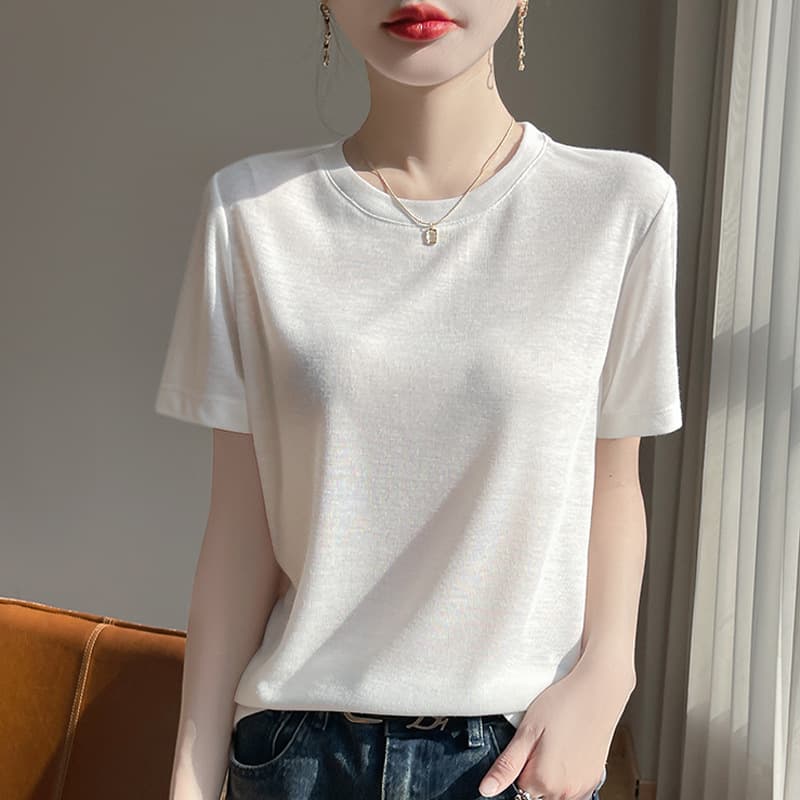 Cross-border 2025 Summer New Elegant Loose Crew Neck Lyocell T-Shirt, Women's Base Layer, Short-Sleeve Women's Top