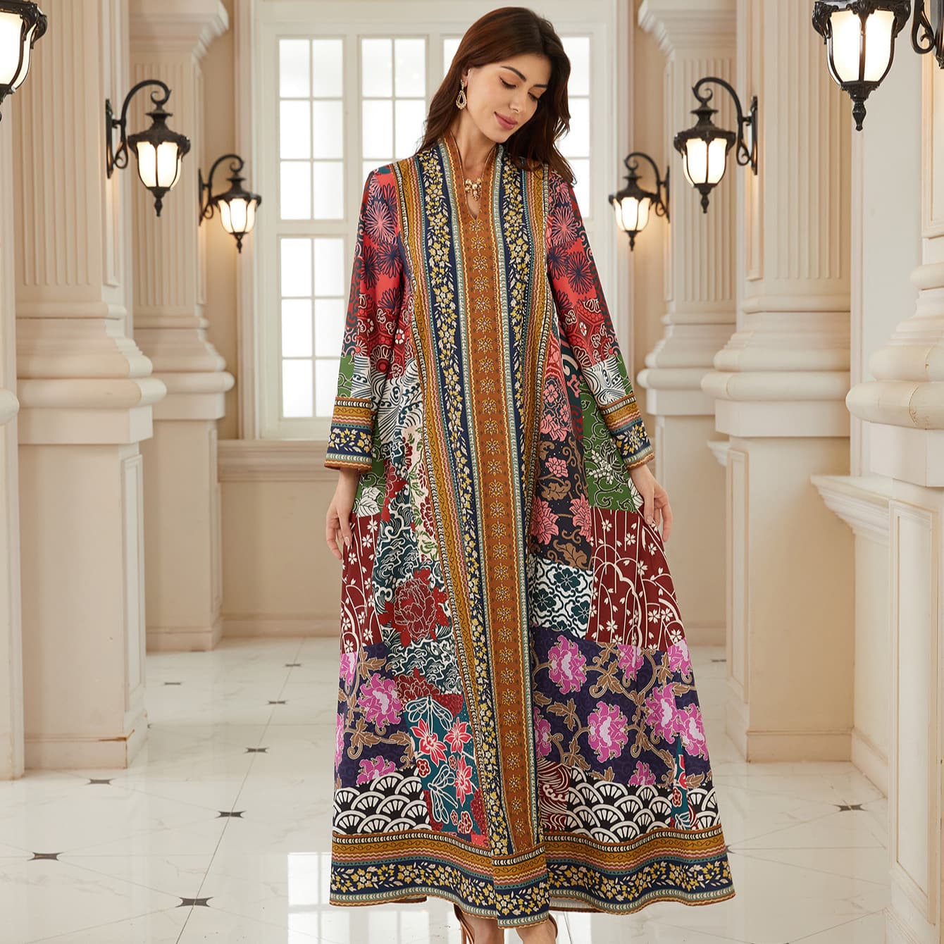 BX18 Cross-border Ethnic Style V-Neck Long Sleeve Printed Maxi Dress Loose Flared Jalabiya Women's Clothing