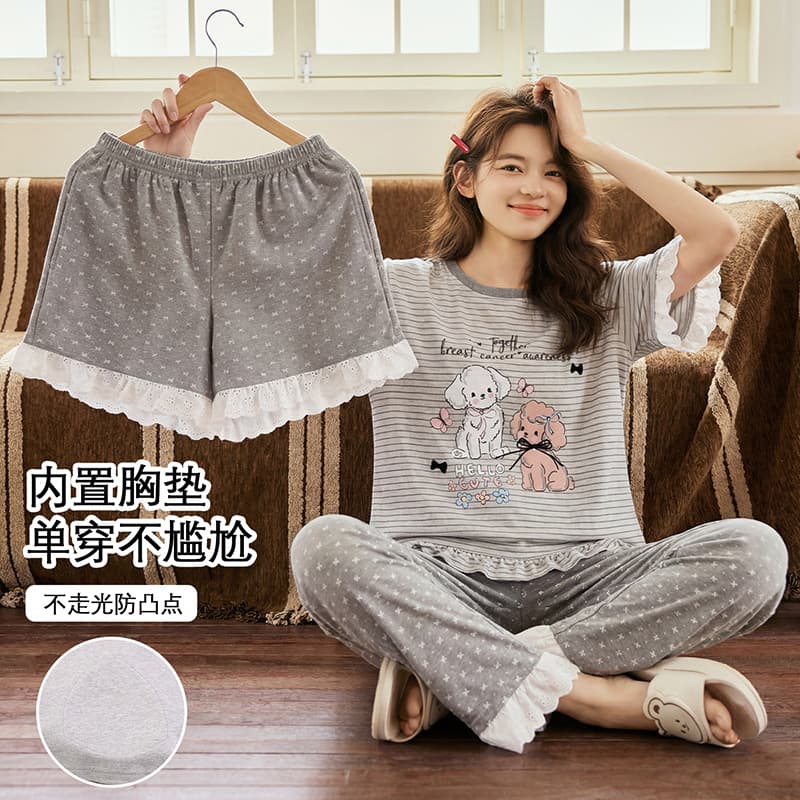Women's Summer Pajama Set, New Style, Built-in Bra, Cute Cartoon, Pure Cotton, Short Sleeve, Three-Piece Set, Full Cotton Loungewear Set