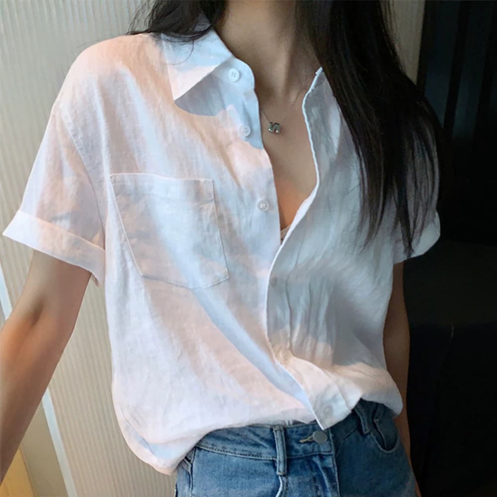 Very Nice White Linen Short Sleeve Shirt for Women Summer Design Sense Niche Loose Slimming Casual Versatile French Blouse