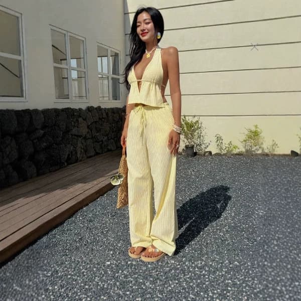 Cross-border European and American Vacation Style Striped Vest and Casual Pants Set Women's Clothing 2026 Summer Amazon Independent Station