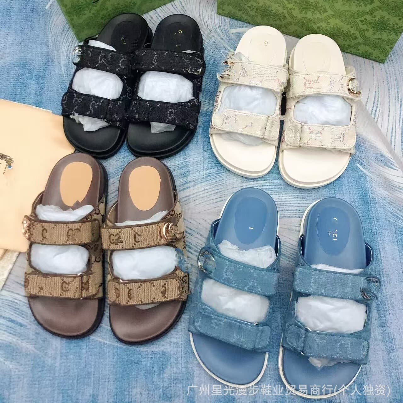 Foreign Trade g Brand Denim Thick-Soled Fashion Double-Strap Letter Print Flat Sandals for Women, Summer Outdoor Beach Casual Slip-On