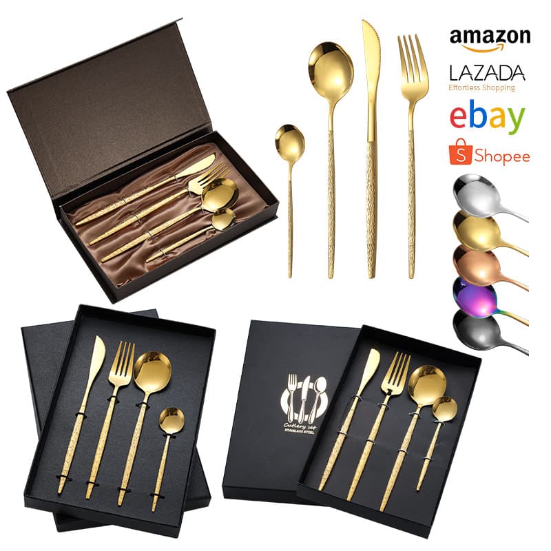 Cross-border Stainless Steel Hammered Portuguese Knife Fork Spoon Gift Box Set Titanium Plated Hotel Western Steak Cutlery 4-Piece Set