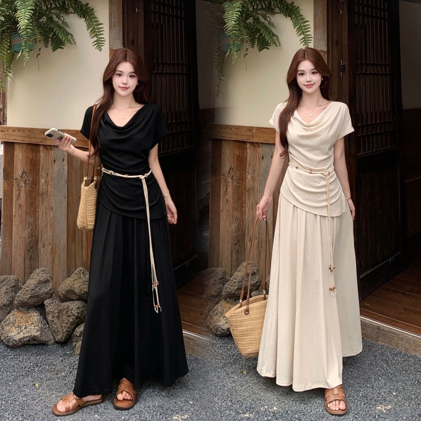 Fashion Set for Women Plus Size 2026 Summer New Korean Style: Draped Neck Top and Skirt Commuter Elegant Two-Piece Set