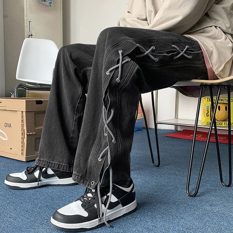 American style fried street pants high street ins trendy brand couple jeans men's autumn and winter loose straight strappy pants wide leg pants