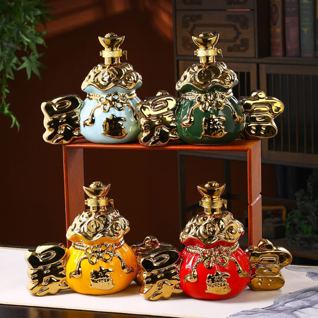 Ceramic Liquor Bottles 2 Jin Gift Box, Retro Gold-plated Poly B Basin Wine Jars, Creative Vintage Home Decor Barware