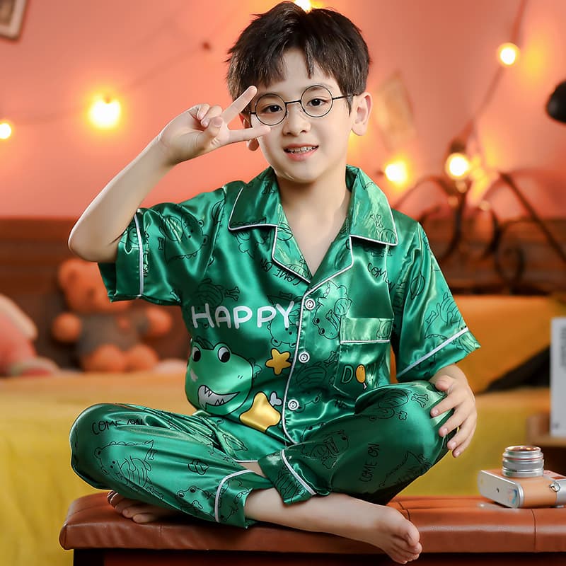Ice Silk Boys' Pajamas Summer Short Sleeve Long Pants Thin Silk Children's Loungewear Cartoon Parent-Child Set for Older Kids