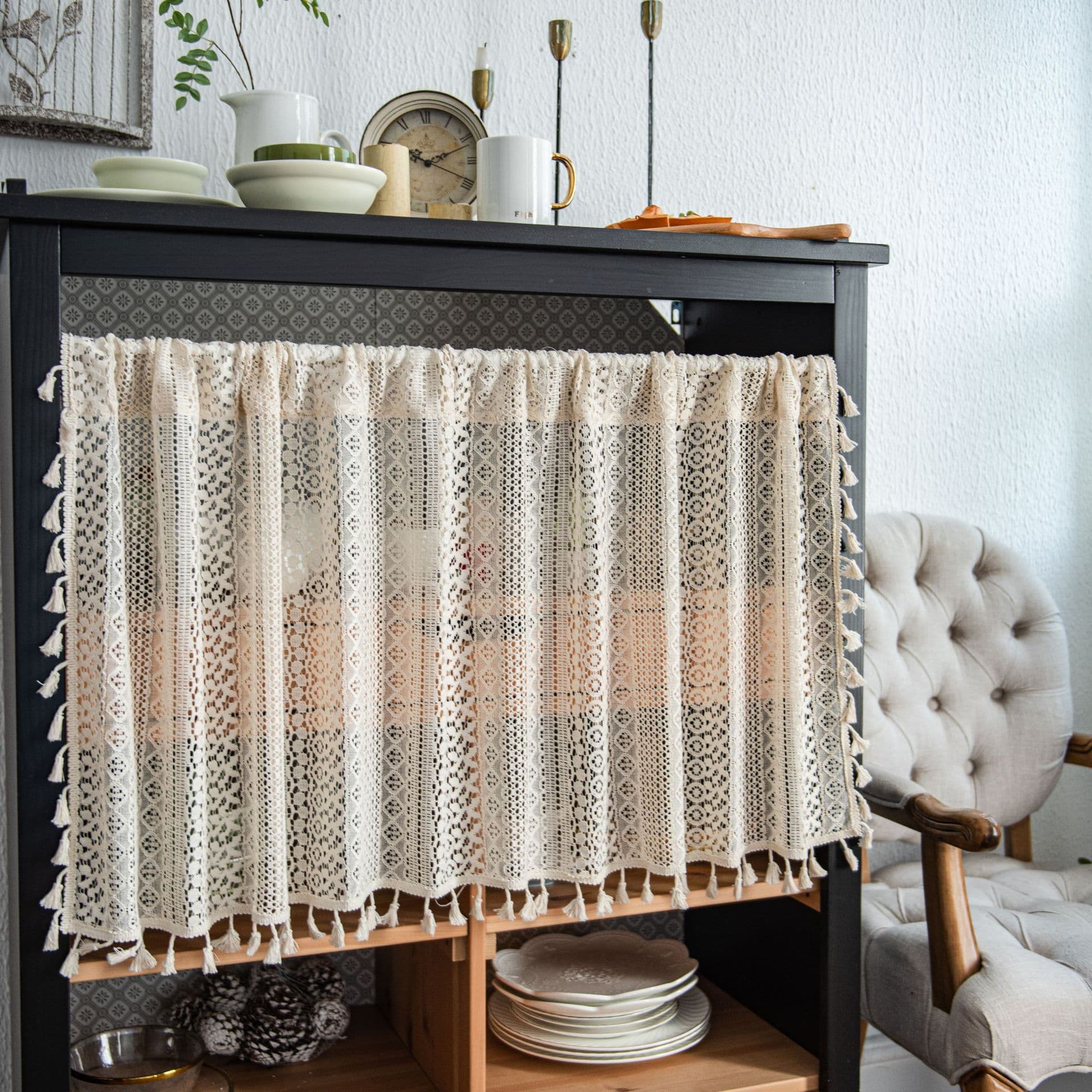 YMQY Embroidered Lace Curtain Coffee Kitchen Sink Dustproof Partition Half Curtain Hollow out Design for Restaurant Entrance