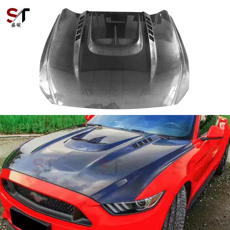 Carbon Fiber Hood KT Style Front Hood Cover for 15-17 Ford Mustang
