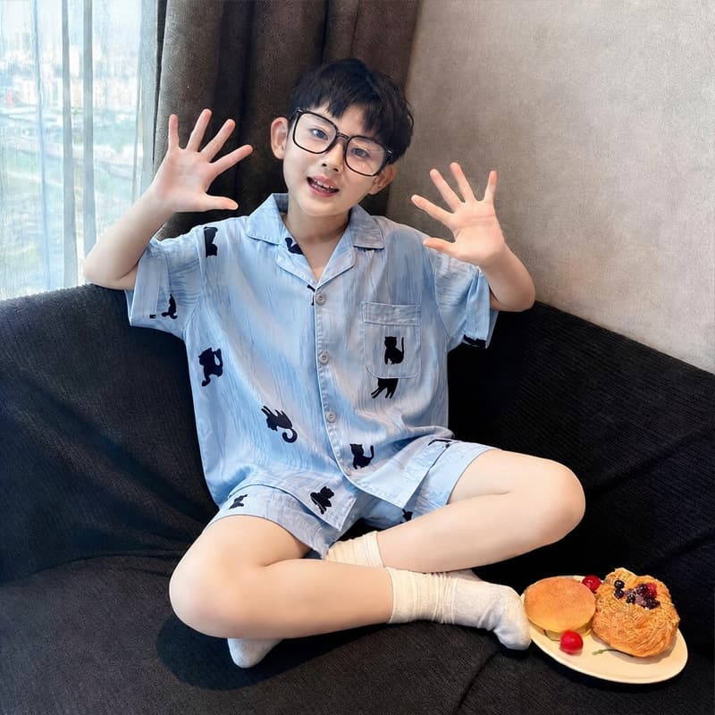 2026 New Children's Ice Silk Homewear Set for Middle and Big Boys, Lightweight Hot Weather Boy Pajamas