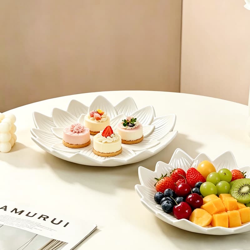 Creative Lotus Ceramic Plate Home Fruit Plate Cake Plate Ins Style High Appearance Dining Plate Serving Dish Pure White Floral Shape