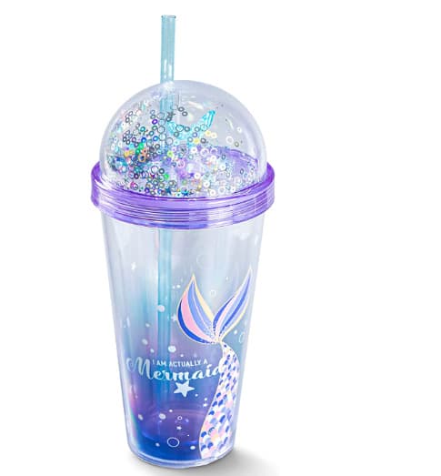 Exquisite European and American best-selling export plastic cup manufacturer 24oz double-layer transparent glitter cup with lid accessories and straw cup for supermarket