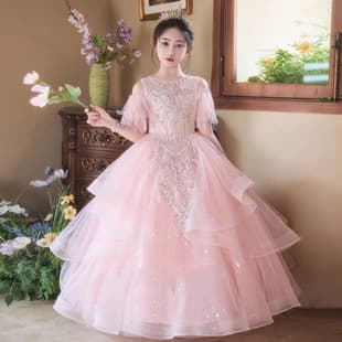 Children's Beautiful Princess Dress Pink Flower Girl Wedding Little Girl Birthday Host Piano Performance Costume
