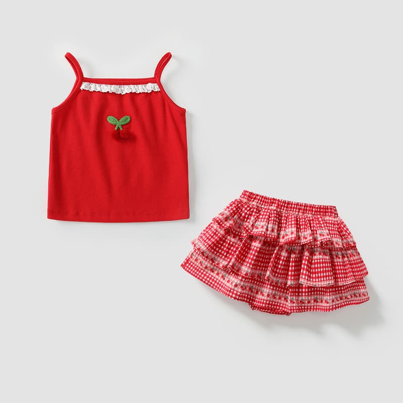 Girls new suit summer thin children's red cherry vest halter top baby girl skirt two-piece set