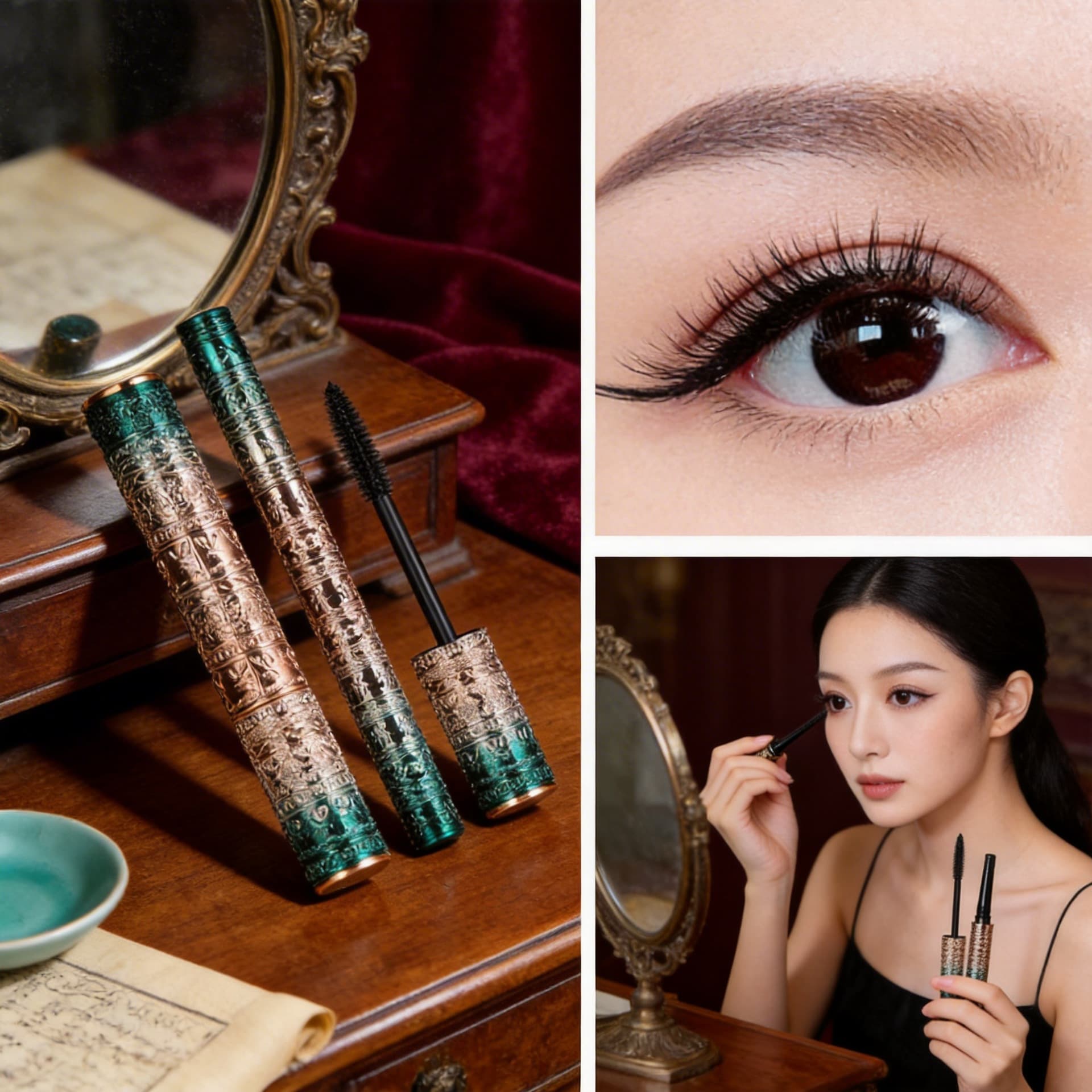 Mascara Eyeliner Pen, Carved Vintage Chinese Style Waterproof Lengthening, Thickening, and Curling Mascara Cosmetics