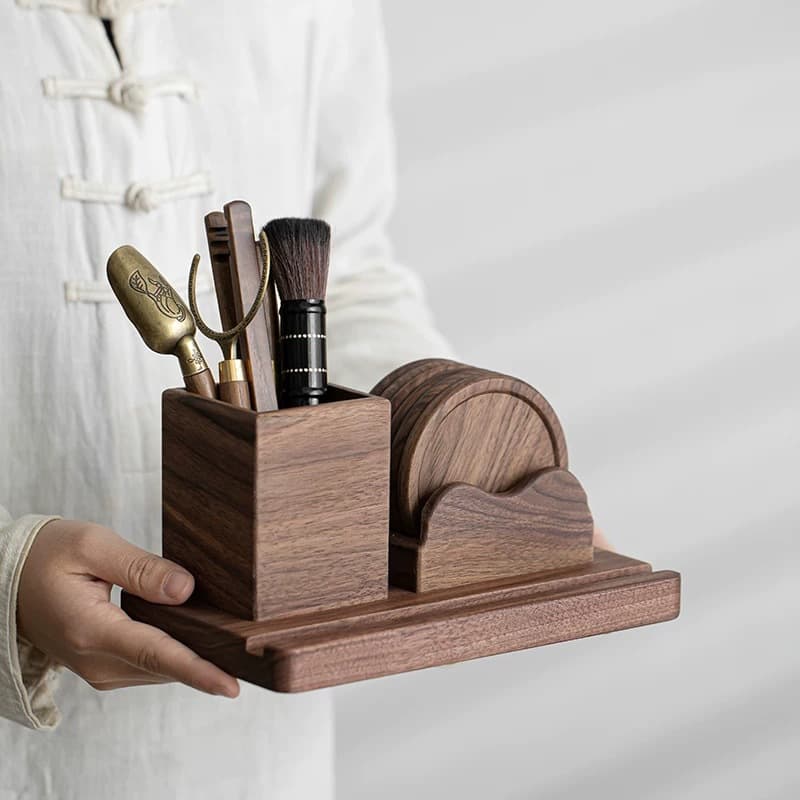 Walnut Wood Tea Ceremony Six Gentlemen Set Creative Kung Fu Tea Set Coaster Tea Tongs Tea Brush Tea Tray Storage Tea Brewing Tools