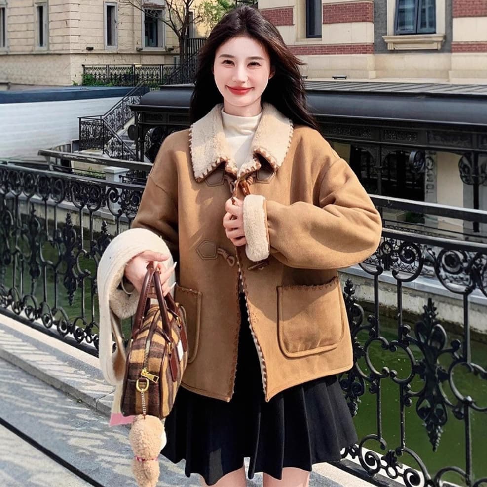 Horn button suede lambswool coat for women winter 2026 new style small fur one-piece short thickened cotton coat
